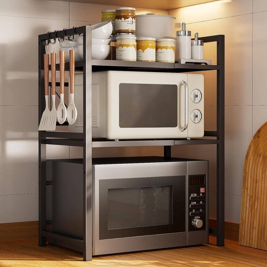 ''merk-loos'' Magnetron Rack 3-laags verstelbare magnetron broodrooster plank Heavy Duty Stand Keuken Counter Top Organizer met 6 haken zwart
