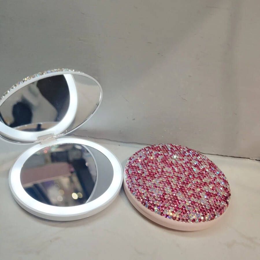 Merk-loos Make-Up Spiegel Led Laste Luxe Crystal Shiny Ronde Draagbare Spiegel Schoonheid