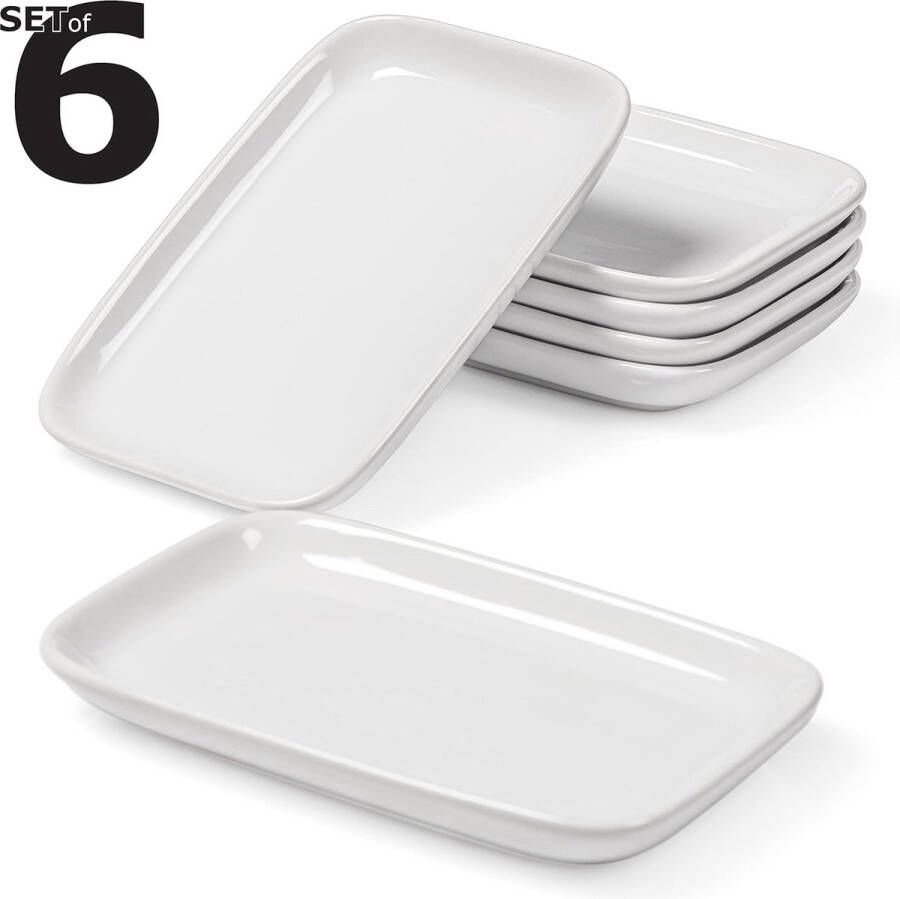 Merk-loos Mezzetborden van edel porselein 15 x 10 x 1 7 cm set van 6 stuks witte voorgerechten borden snack antipasti dessert mezze-borden rechthoekig sushiborden serveerborden vaatwasmachinebestendig