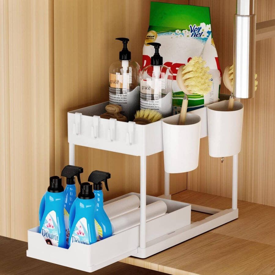 Merk-loos Rek 2 etages voor onder wastafel spoelkastorganizer met schuiflade spoelkastrek onderkastorganizer met 4 haken en 2 kopjes organizer voor onder de gootsteen voor badkamer keuken wit