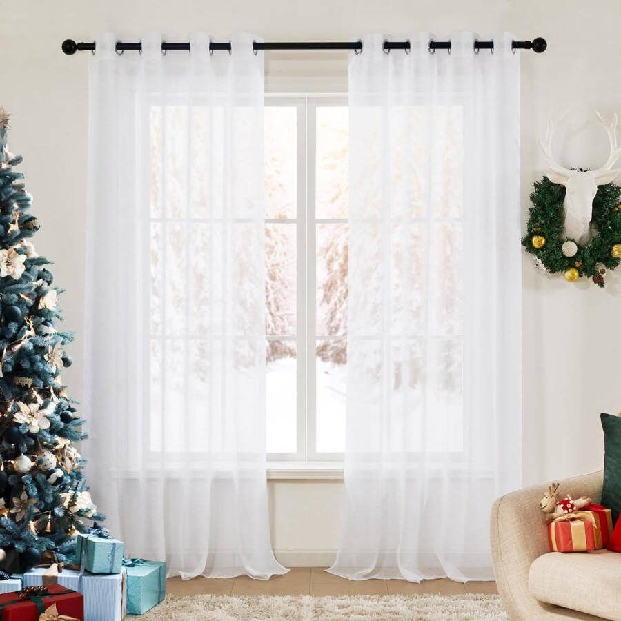Merk-loos Set van 2 Vitrage Gordijnen Wit Kant en Klaar Gordijnen met Ringen 245 Hoog Transparante Gordijnen in Zachte Stof Moderne Deur Gordijnen voor Woonkamer Slaapkamer 40 x 245 cm (B x H)