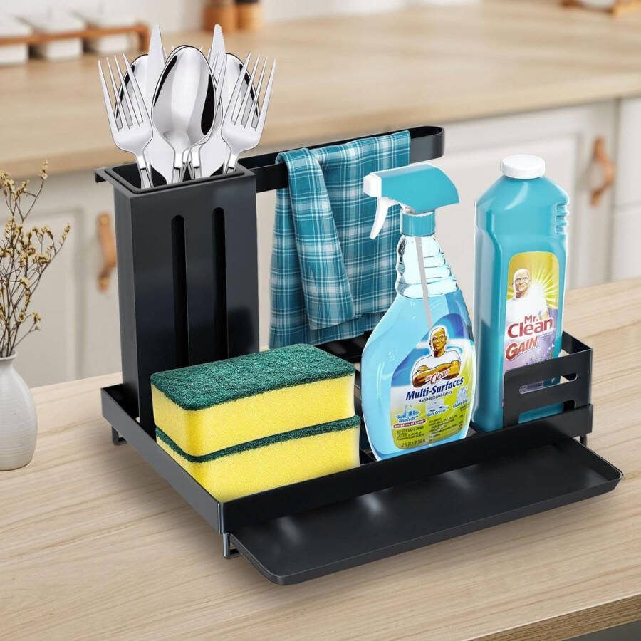 ''merk-loos'' Spoelbak-organizer gootsteen caddy organizer koolstofstaal wastafel organizer badkamer organizer met afdruipbak handdoekhouder voor spons borstels keuken en badkamer zwart