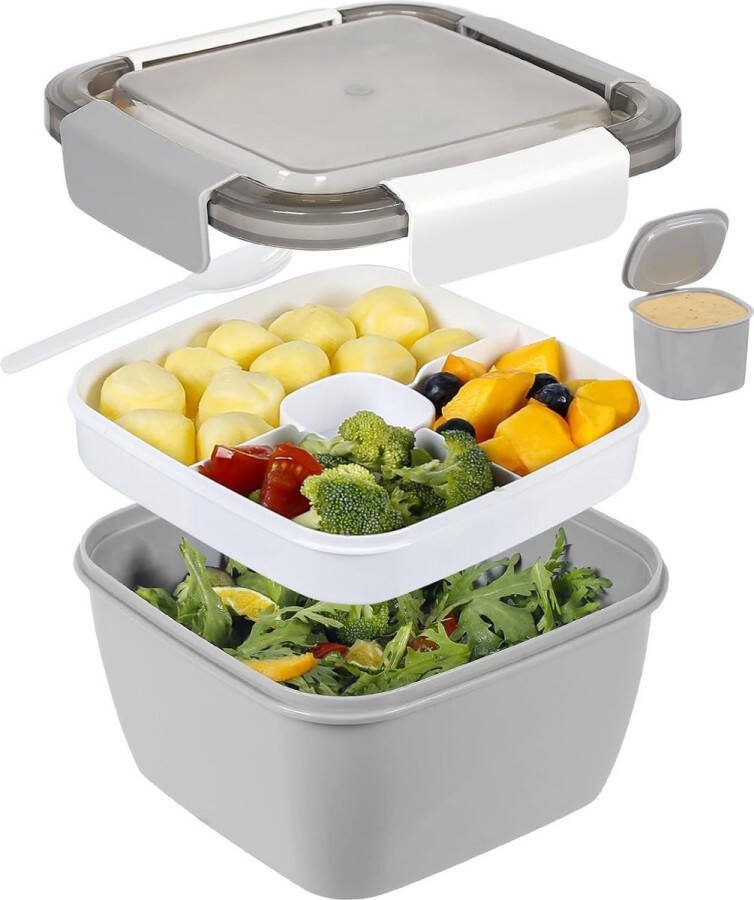 Merk-loos To Go Salad Container Lunchcontainer BPA-vrij 3-vaks voor salade toppings en snacks slakom met dressing container ingebouwde herbruikbare lepel magnetron bestendig (grijs)