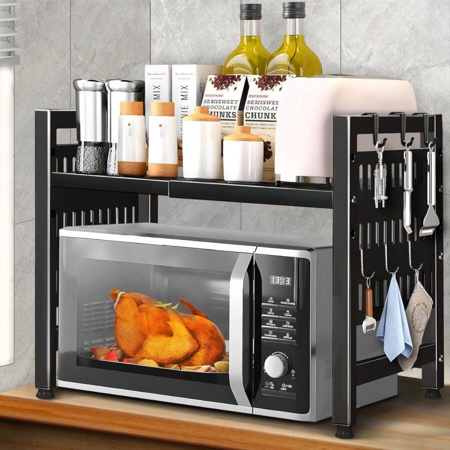 ''merk-loos'' Uitbreidbaar magnetronrek 2-traps magnetronrek keukenorganizer met 6 ophanghaken magnetronhouder magnetronstandaard om aan op te hangen organizer keukenorganizer