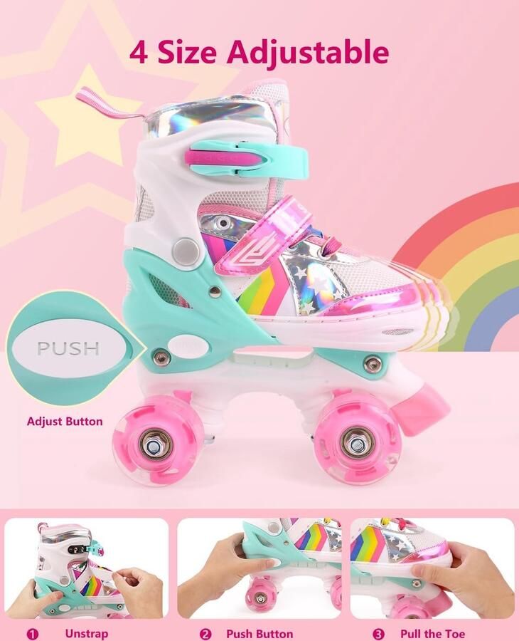 Merk los Rolschaatsen voor Kinderen Verstelbare Quad Roller Skates met 8 PU Light Up Wielen Knipperende Kinderskates voor Jongens en Meisjes Instelbare Maat Roze
