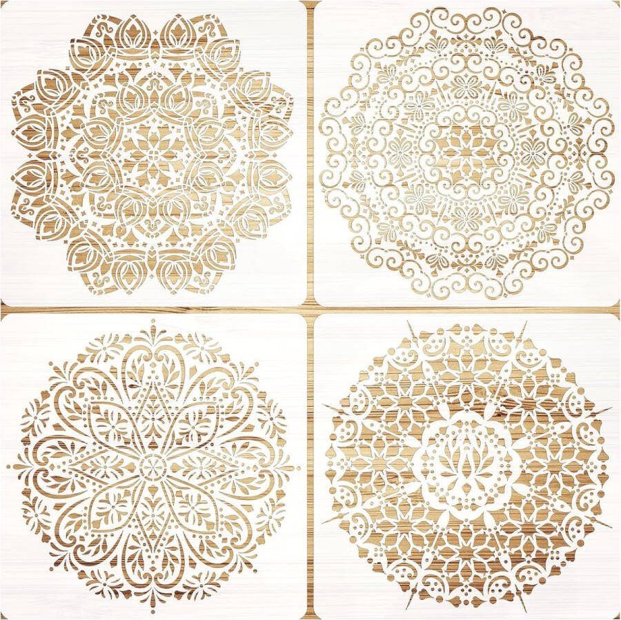 Merk: VETPW 4 grote sjablonen voor mandala stencil-sjablonen tekensjablonen voor vloeren ramen meubels hout wanddecoratie 30 x 30 cm
