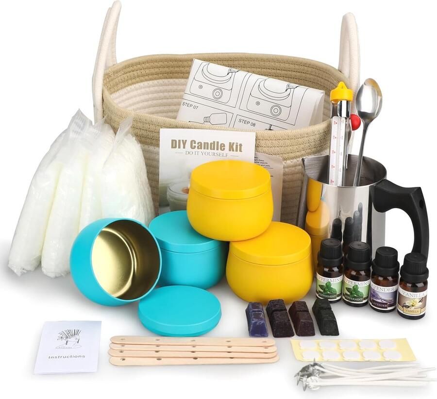 Merk: YMing MAGICKA Complete set voor het ambachtelijk creëren van je eigen kaarsen: smeltkruik lepel lontsticker lont houder kleurblokken labels en bijenwas