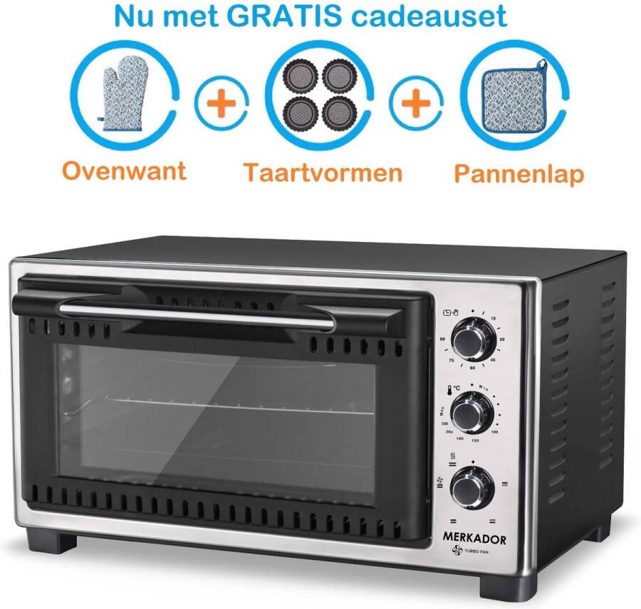 Merkador Vrijstaande Heteluchtoven 45 Liter 1450 watt Convectie Heteluchtfunctie Dubbel glas Mini oven