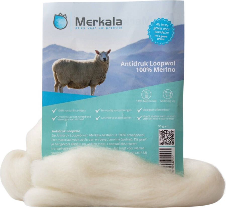 Merkala Antidruk loopwol 50 gram Wandel met Wol Nummer 1 Luxe 100% (NL) Merino Voetwol Absorbeert & Ventileert Voor Alle Seizoenen Puur Natuurlijk Comfort Ultieme Voetverzorging!