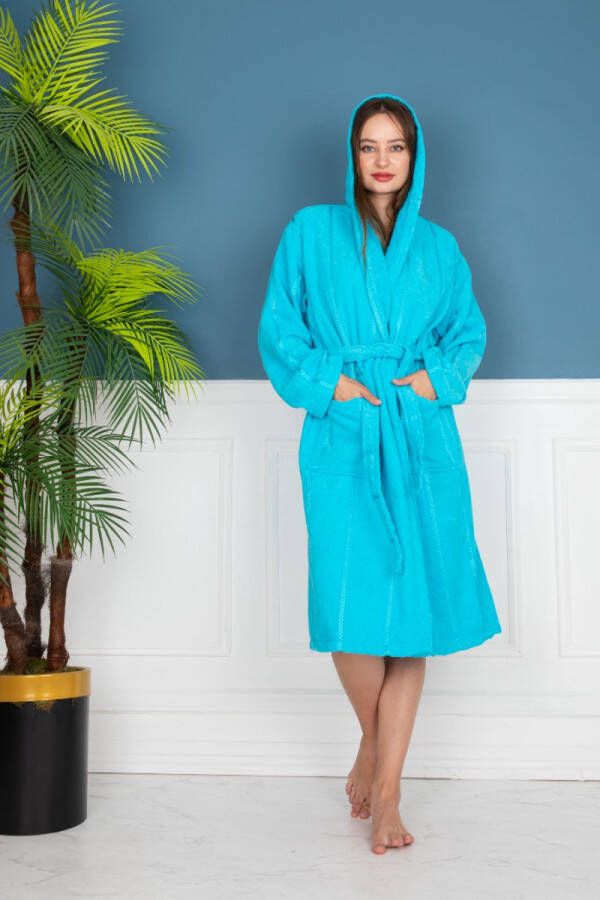 Merkenloos Badjas Turquoise Met Capuchon (XL) 100% katoen