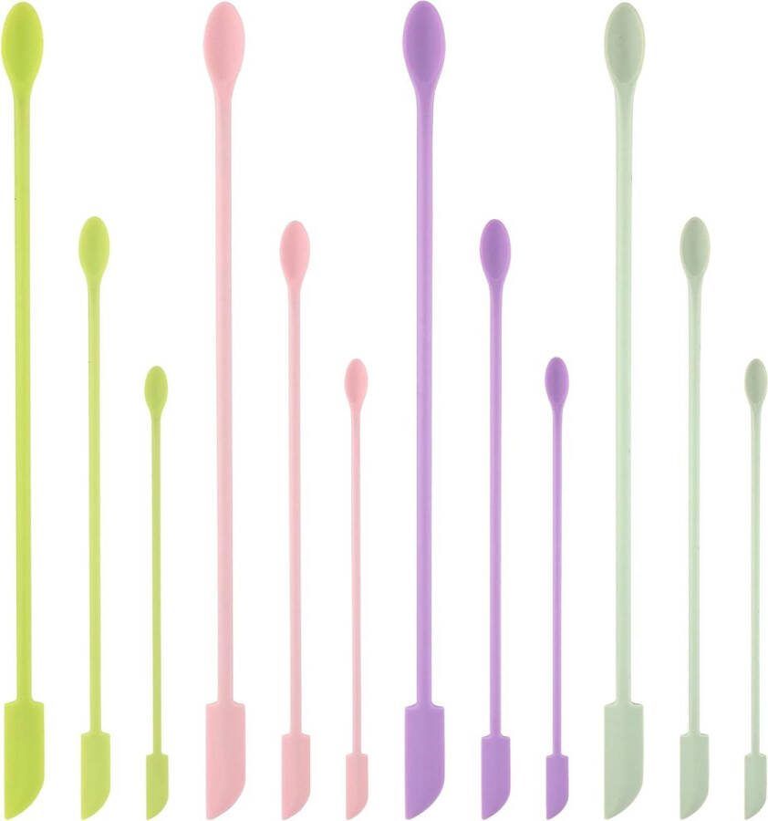 Merkllos 12st Spatel Siliconen Mini Kleine Lepels voor Potten 3 Maten Mini-Siliconen Lepel en Spatelset Dun Kleine Make-Up Spatelschraper voor Keuken Smalle Fles Cosmetica (4 Kleuren)