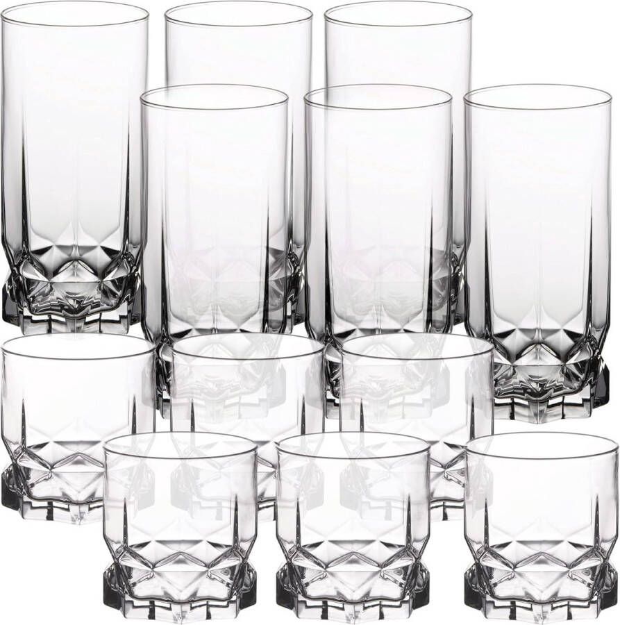 Merkloo Drinkglazen van hoogwaardig glas set van 6 waterglazen dikwandig en geribbeld voor water drankjes sap party cocktailglazen drankglazen set van 12 stuks 6 x 325 ml hoog + 6 x 325 ml laag