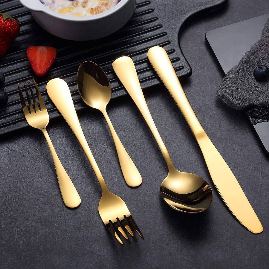 Merklooa bestekset 30 stuks roestvrijstalen gouden bestekset titanium plating gouden bestekset gouden gebruiksvoorwerpen Serviesset voor 6 (glanzend goudkleurig)