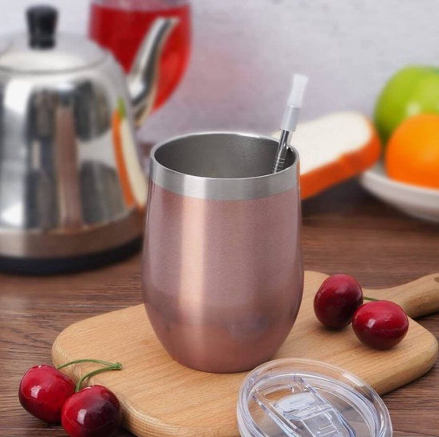 Merkloods Wijn Tumbler-Luxe wijnkoeler RVS Isolerend – Cocktail Drinkbeker 350ml Met deksel en rietje -Tumbler Rose Gold