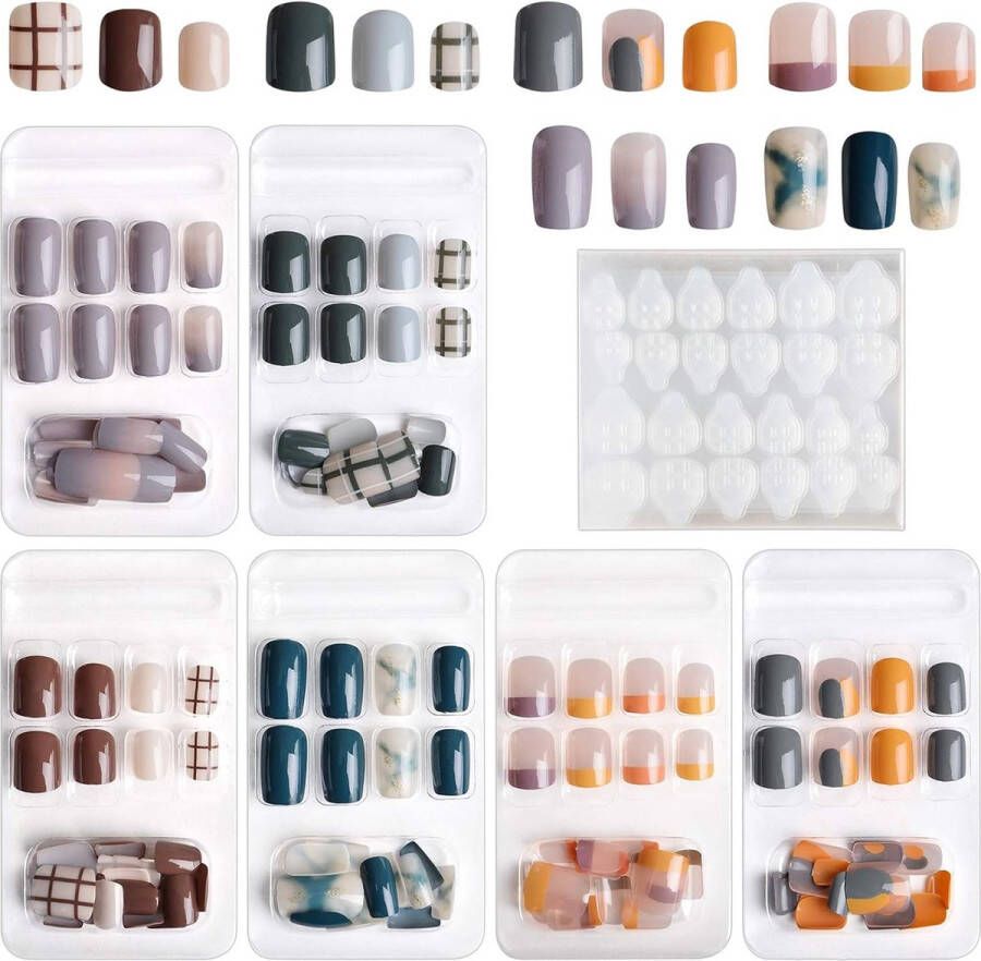 Merkloos 144 stks korte kunstnagels voor dames meisjes kleurverloop nep nagels korte volledige dekking nep vingernagel met 6 vellen nagellijm sticker voor vrouwen meisjes nail art diy decoratie A