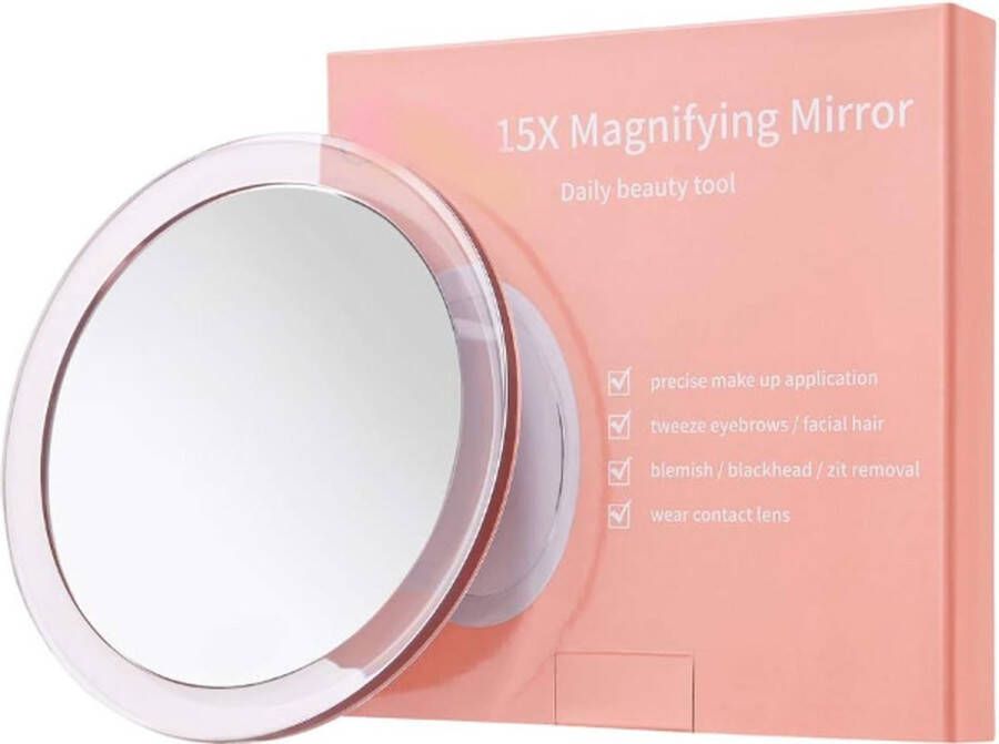 Merkloos 15X vergrotende spiegel (15cm rond) met 3 bevestigingszuignappen voor nauwkeurige make-uptoepassing wenkbrauwen pincet mee-eter vlekverwijdering badkamer reismake-upspiegel (roségoud)