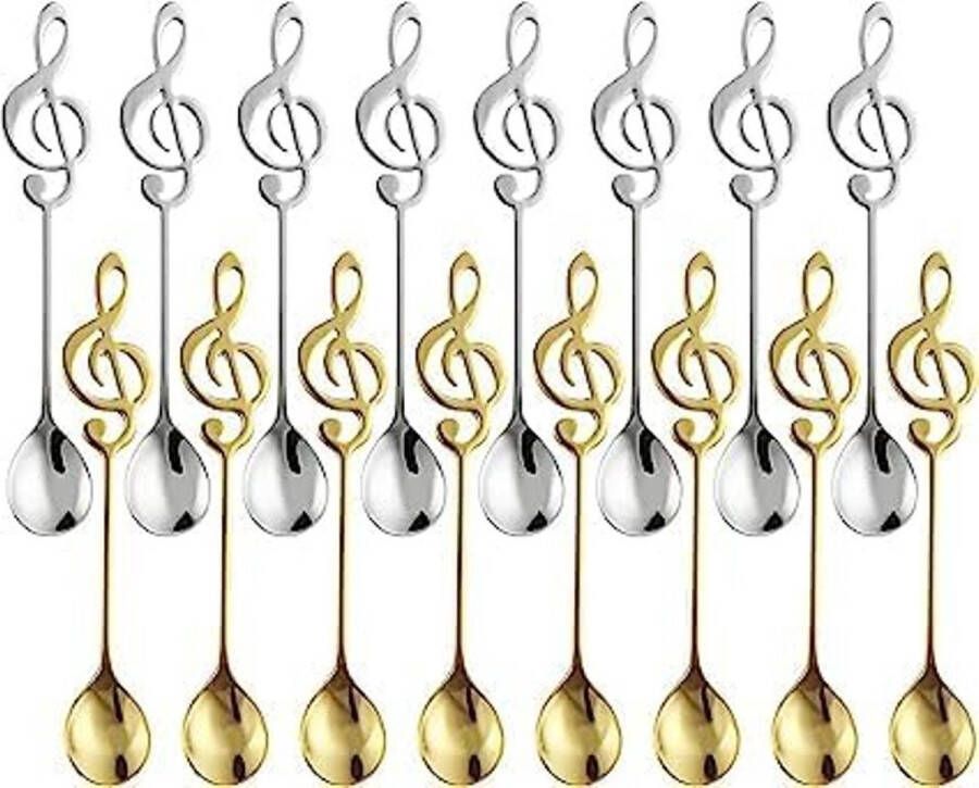 Merkloos 16 stuks koffielepels muzieknoten dessertlepels roestvrij staal muzikale noten lepel decoratief voor muzikanten geschenken koffie thee dessert (zilver en goud)