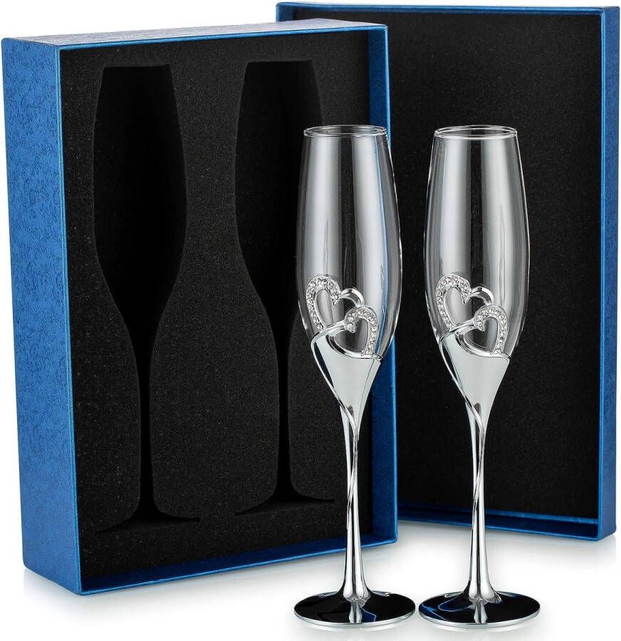 Merkloos 2-delige creatieve champagneglazen set met geschenkdoos bruiloft kristal hartvormige champagne fluiten roosteren fluitglazen met strass omrande harten decor voor bruiloft verjaardag feest