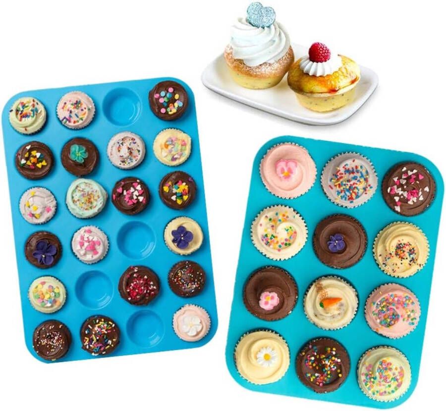 Merkloos 2 stuks siliconen muffinvormen 12 + 24 cavity BPA-vrije muffin bakvormen met anti-aanbaklaag bakvormpan voor cupcake biscuit bagels en muffins (blauw [12+24])
