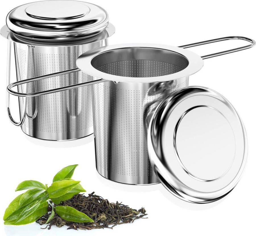 Merkloos 2 stuks theezeefjes voor losse thee theefilter roestvrij staal 304 met inklapbaar handvat en deksel herbruikbare theezeef fijnmazige thee-infuser theezeef voor de meeste theekopjes thee-schalen