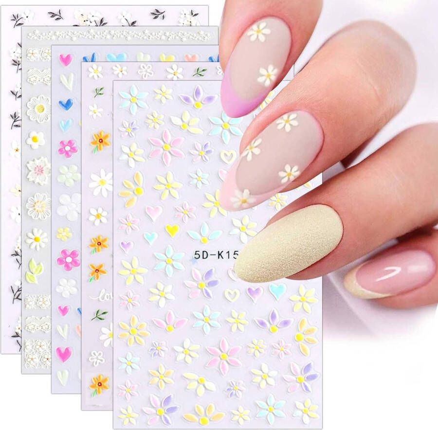 Merkloos 3D Bloem Nagelstickers 5 Vellen Nail Art Nagel Sticker Zelfklevende Decoratie Nageldesign