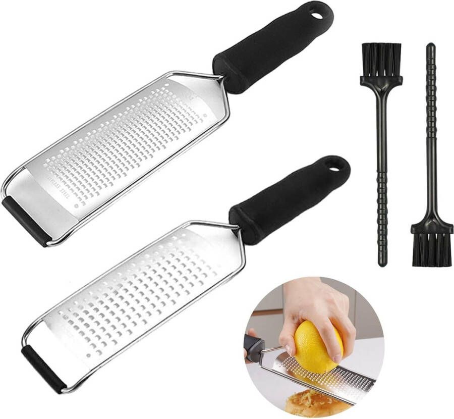 Merkloos 4 stuks kaasrasp roestvrijstalen professionele rasp met handvat en ophanggat versnipperaar met kleine reinigingsborstels voor knoflook Parmezaanse kaas chocolade citroenen