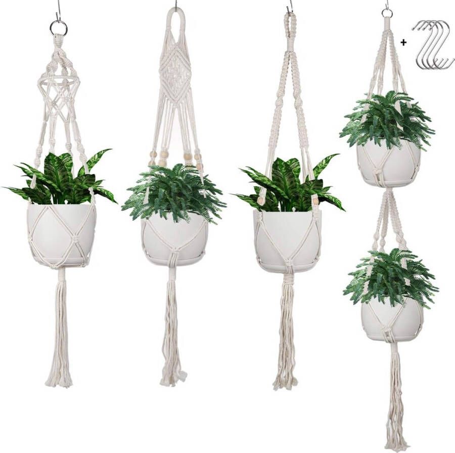 Merkloos 4 stuks macramé plantenhangers 4 mm verdikking katoenen touw hangende hanger bloempot plantenhouder hanger voor binnen buiten plafonds balkons wanddecoratie terrassendecoratie (41 59)