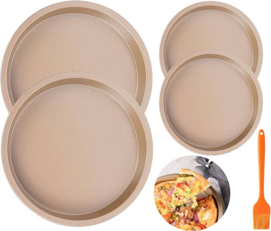 Merkloos 4 stuks ronde pizzaplaten cakepannen antiaanbaklaag pizzabakplaat ronde taartplaat bakplaat pizza bakset voor pizza flambée cake 16 cm + 23 cm goud