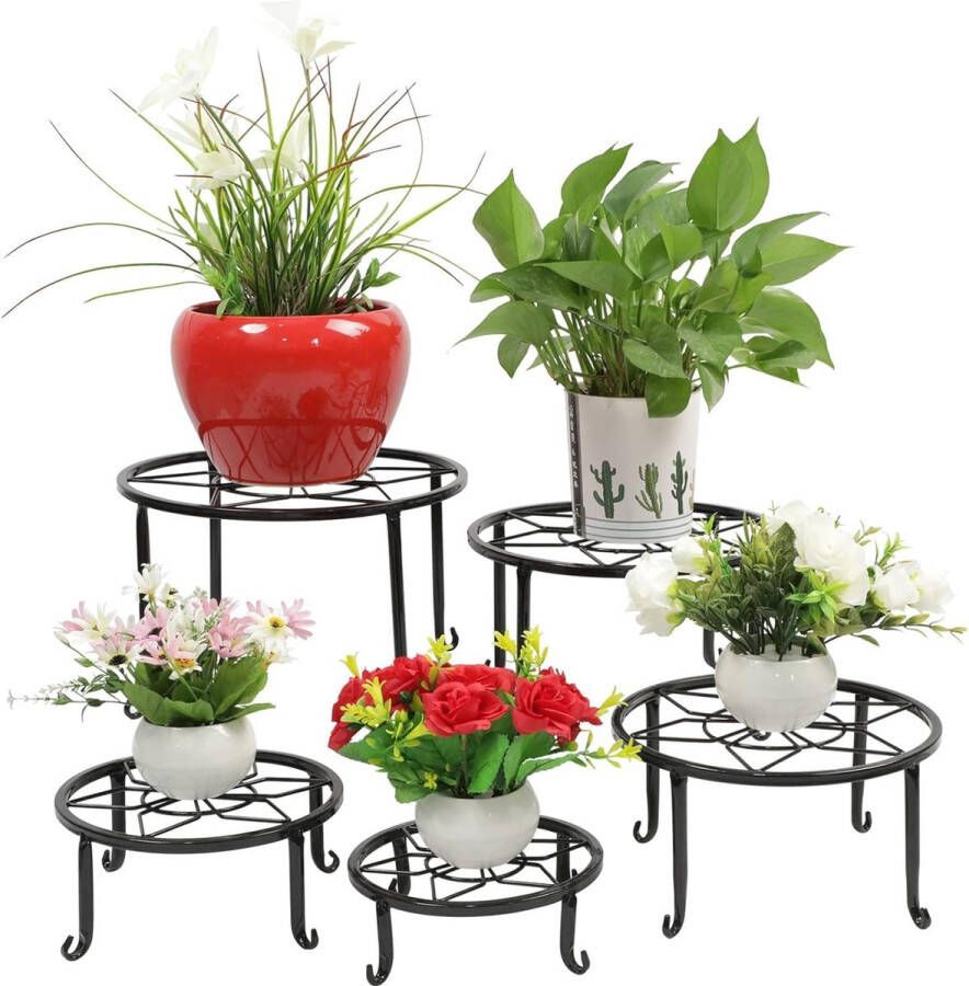 Merkloos 5-in-1 set metalen bloemenstandaard zwart woonkamer bloemenkruk tuin voor binnen en buiten bloemenrek rek balkon plantenrek decoratieve plantentrap indoor outdoor decoratie verschillende hoogtes