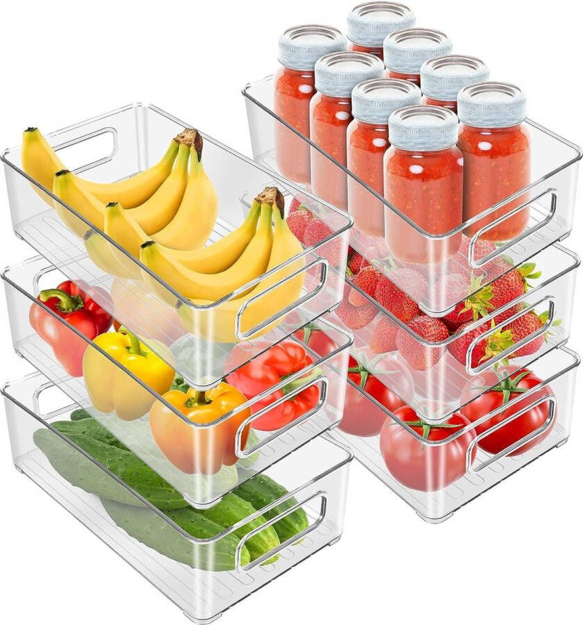 Merkloos 6-delige set voorraadcontainers stapelbare opbergdoos met handvat BPA-vrij voor keuken koelkast kasten koelkast (26 x 15 x 8 cm)