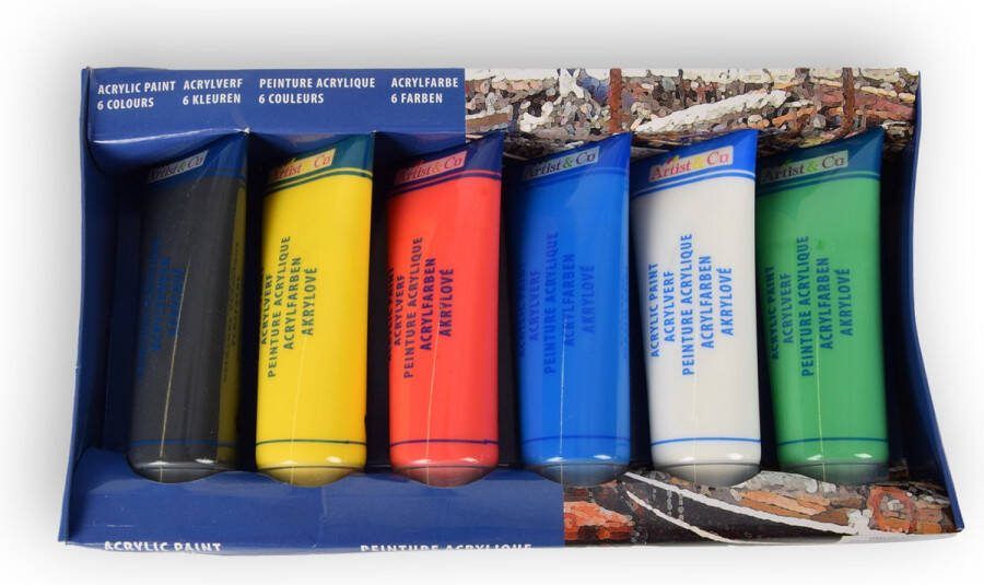 Merkloos Acrylverf Sets Schilderen Set van 6 Kleuren (Wit Rood Blauw Groen Geel Zwart) Waterbestendig en Permanent Geschikt voor Hobbyisten en Kunstenaars 3.5m x 4.5cm x 15cm