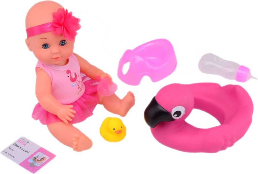 Merkloos Baby Rose Drink en Plaspop 30cm met Flamingo Zwemband