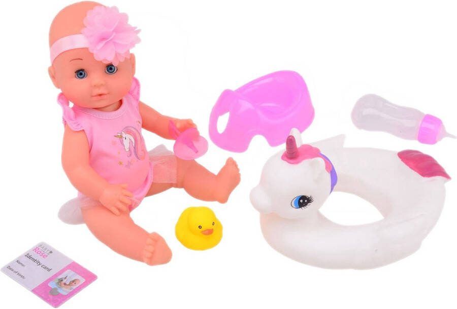 Merkloos Baby Rose Drink en Plaspop 30cm met Unicorn Zwemband