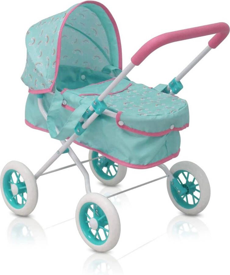 Merkloos Babypop wandelwagen met afneembare draagwieg Realistische 2-in-1 speelgoed babypop kinderwagen met wieg en intrekbare luifel (blauwe regenboog)