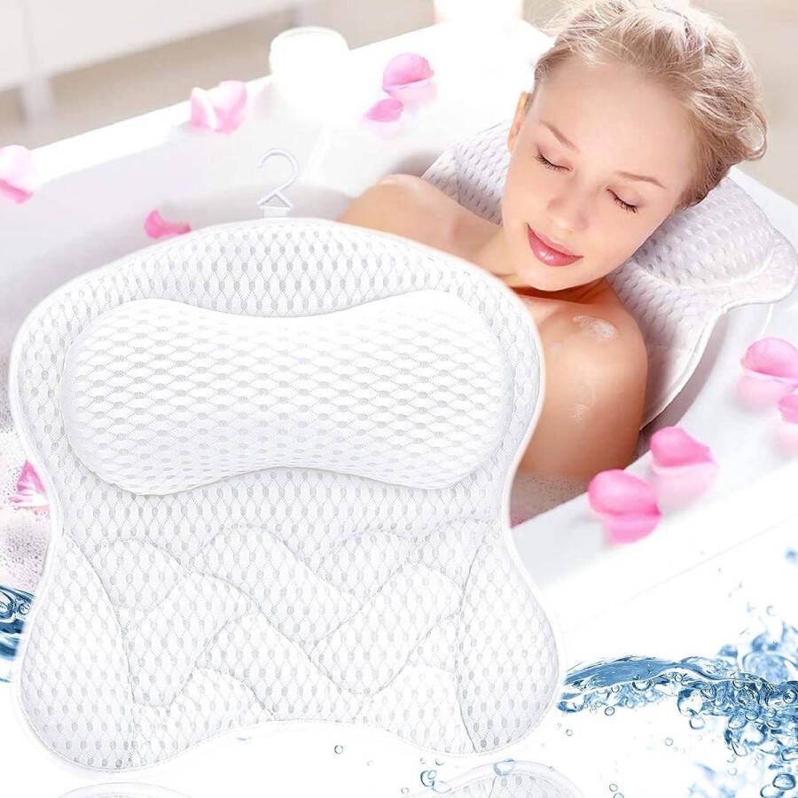 Merkloos Badkussen nekkussen nek- en rugkussen comfort badkussen met 6 zuignappen 4D mesh voor hoofd nek schouders rug voor badkuip en home spa wit