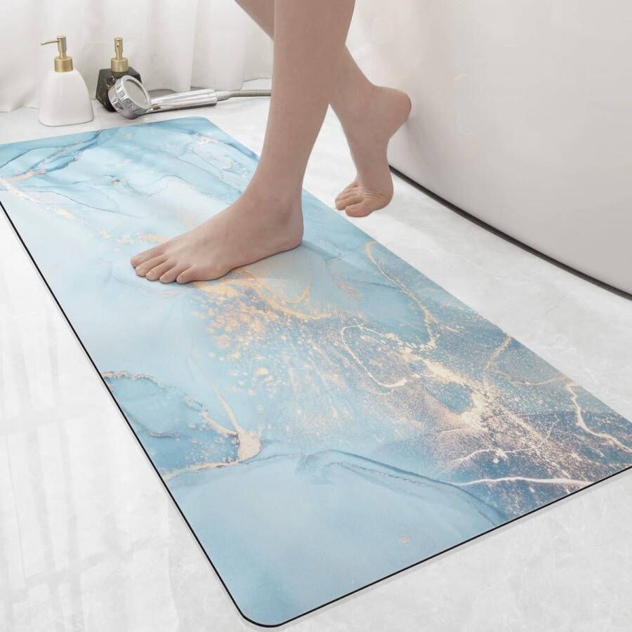Merkloos Badmat antislip 43 x 110 cm super absorberend badkamertapijt sneldrogende badmat wasbare douchemat voor douche badkuip en badkamer blauw