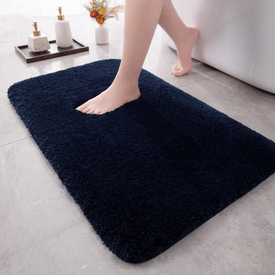 Merkloos Badmat antislip 51 × 81 cm zachte microvezel badmat douchemat wasbaar elegante badmat voor badkamer slaapkamer en wasserij donkerblauw
