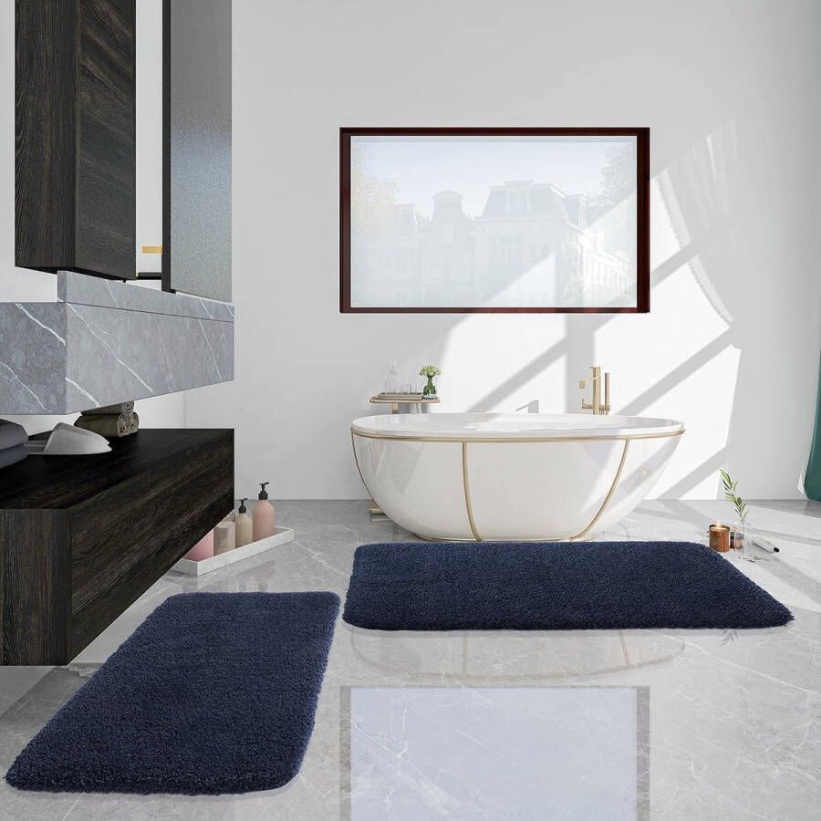Merkloos Badmat antislip 70 x 120 cm zachte microvezel badmat douchemat wasbaar grote elegante badmat voor badkamer slaapkamer en wasserij donkerblauw