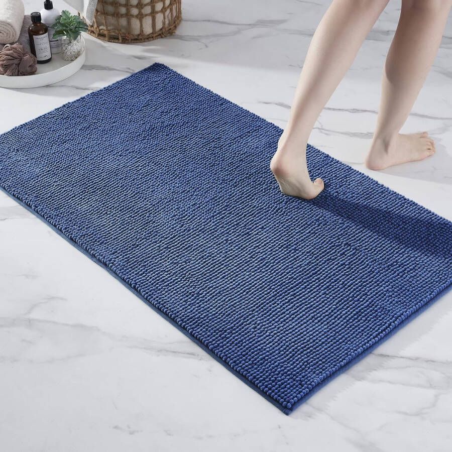 Merkloos Badmat antislip combineerbaar als badmatset badkamertapijt badmat wasbaar van chenille douchemat voor douche badkuipen wc-decoratie blauw 70 x 120 cm
