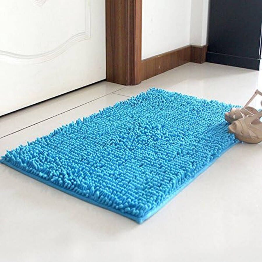 Merkloos Badmat antislip met chenille microvezel badkamertapijt absorberend zacht machinewasbaar voor douche toilet 40 x 60 cm (blauw meer)