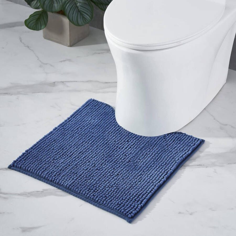 Merkloos Badmat antislip wc-mat met uitsparing combineerbaar als badmatset badkamertapijt badmat wasbaar van chenille voor vrijstaande toiletten blauw 45 x 45 cm