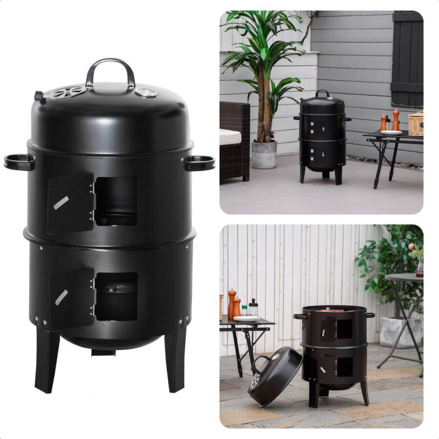 'merkloos'' BBQ Rookoven Rook- en Grilloven Ø40 x H78 cm Staal 2 Roosters Thermomemeter Houtskool Briketten 6 9 kg Barbecue Smoker