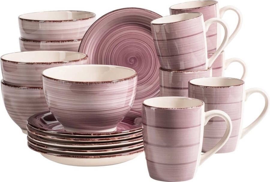 Merkloos Bel Tempo II ontbijtservies voor 6 personen in vintage look handbeschilderd keramiek 18-delige serviesset in paarse kleur bessen aardewerk