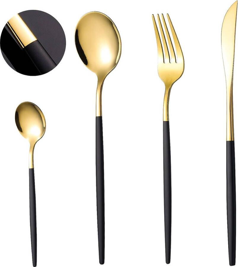 Merkloos Bestekset zwart goud voor 6 personen 24 stuks roestvrij stalen messen vork lepelset met zwarte handgreep vaatwasmachinebestendig