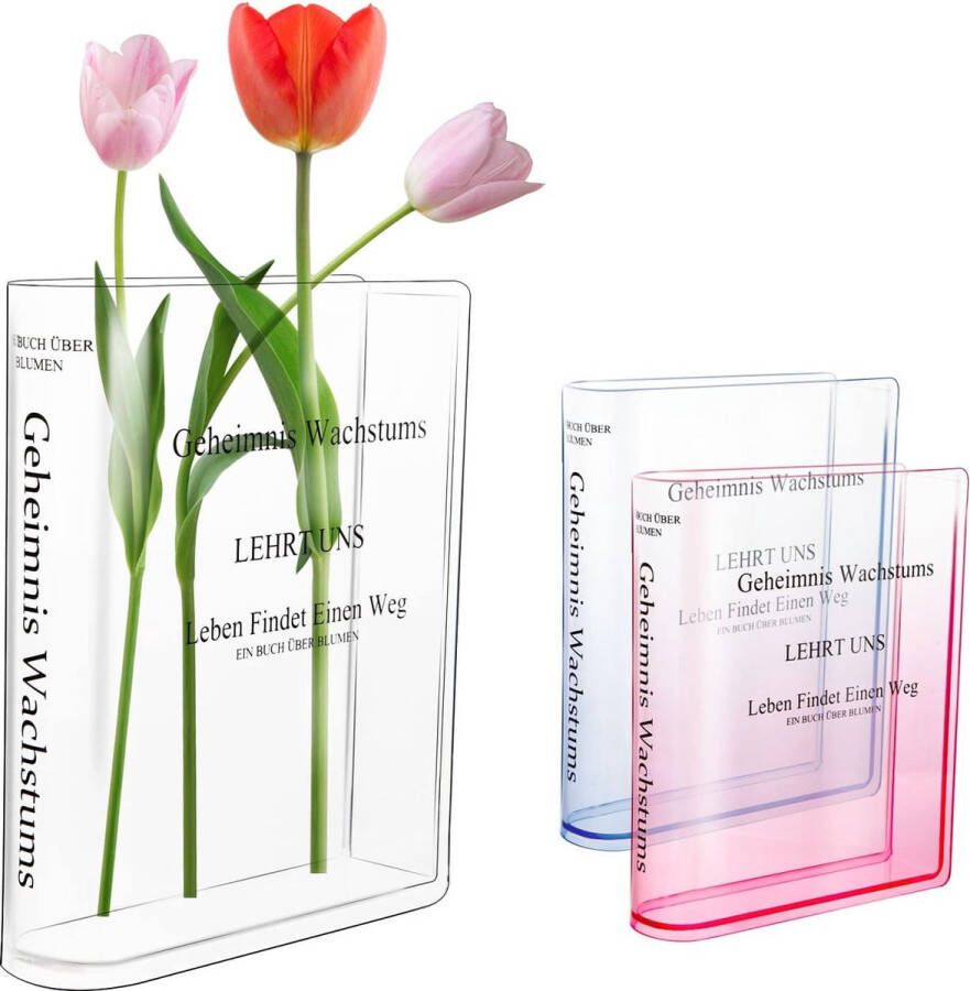 Merkloos Boek vaas voor bloemen acryl boekvaas doorzichtig esthetische tulpen vazen in boekvorm voor moderne decoratie slaapkamer kantoor rek bureau (roze)