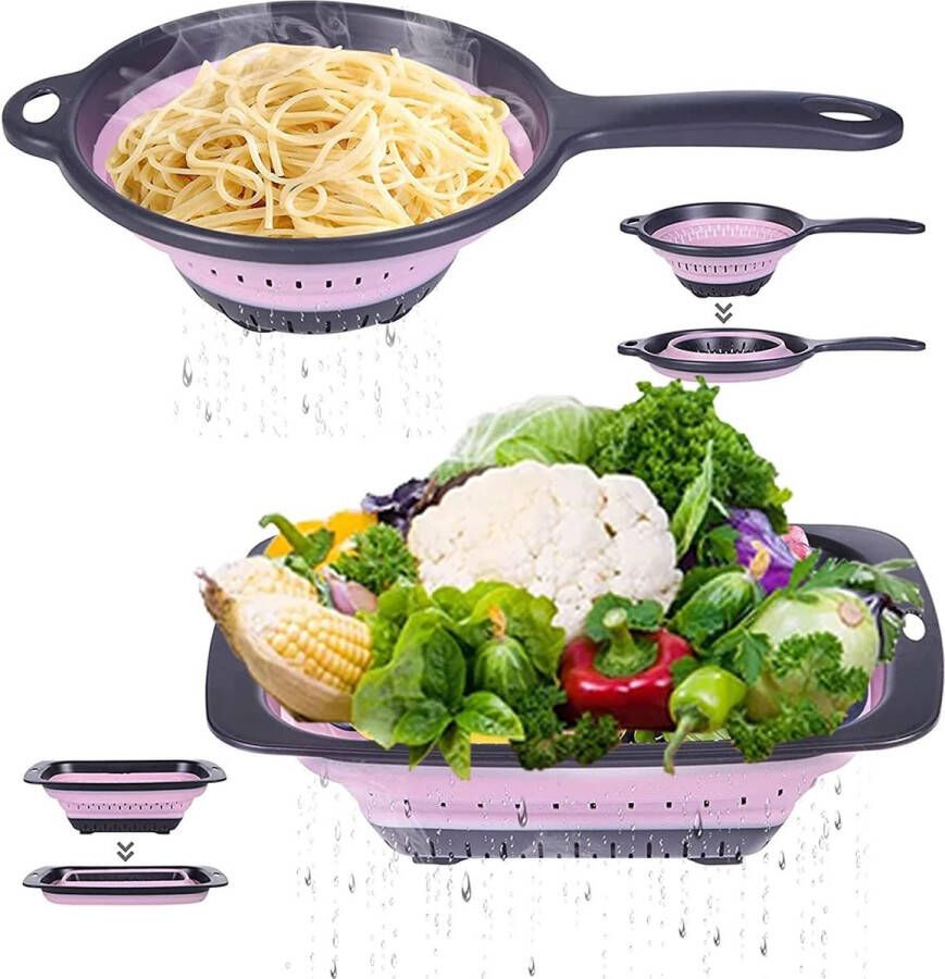 Merkloos BPA-vrije siliconen voedselvergieten met plastic handvat Heavy Duty hittebestendig pasta groente afdruiprek keukenstoommand vaatwasmachinebestendig 2 stuks (roze)