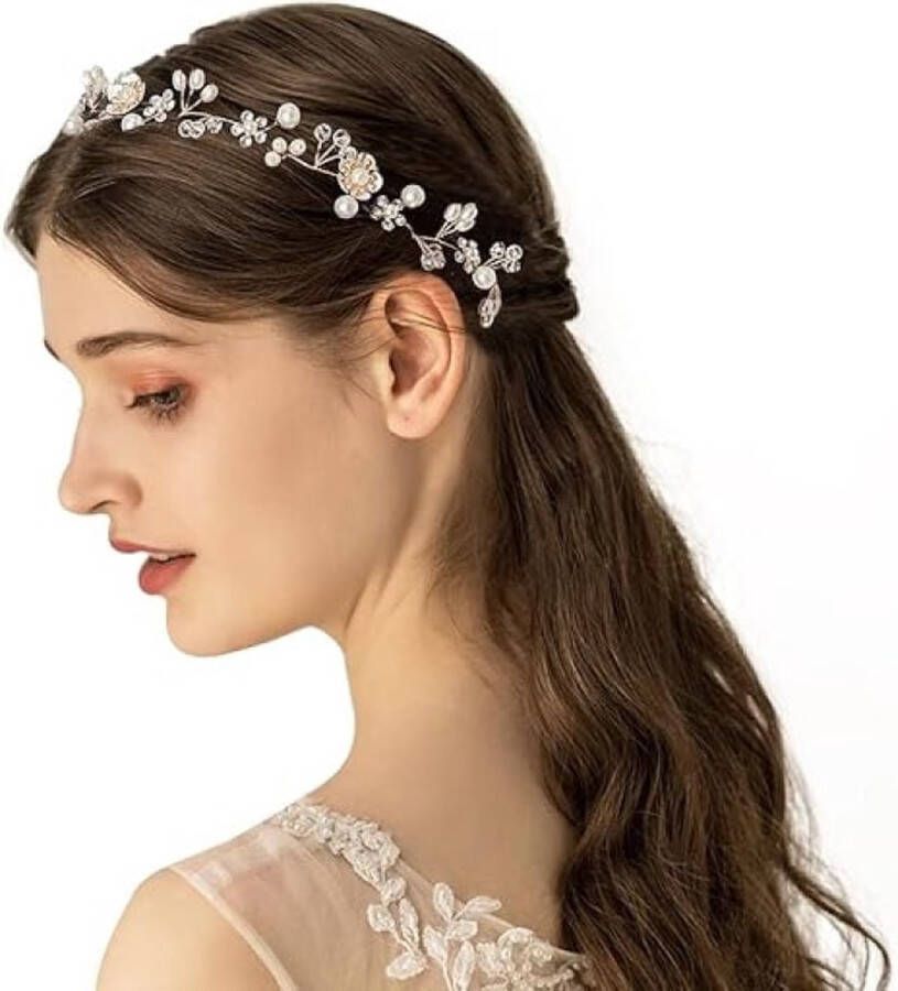 Merkloos Bruidshoofdband haarsieraad voor bruiloft bruid hoofdtooi vintage parels haarkrans met blad goud haarband kristal knipperend bruid haarsieraad handgemaakte hoofdband voor bruid