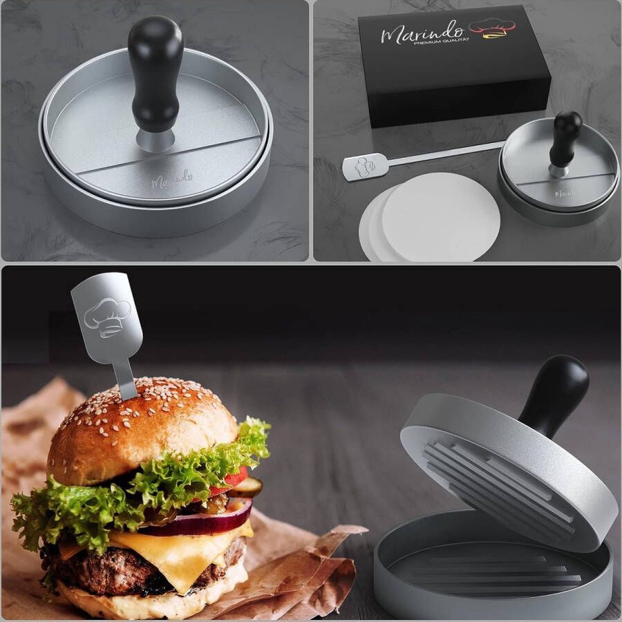 Merkloos Burgerpers aluminium diameter 12 cm hamburgerpers 4 hamburgerspiesen en 60 vellen scheidingspapier anti-hechting hamburgerpers