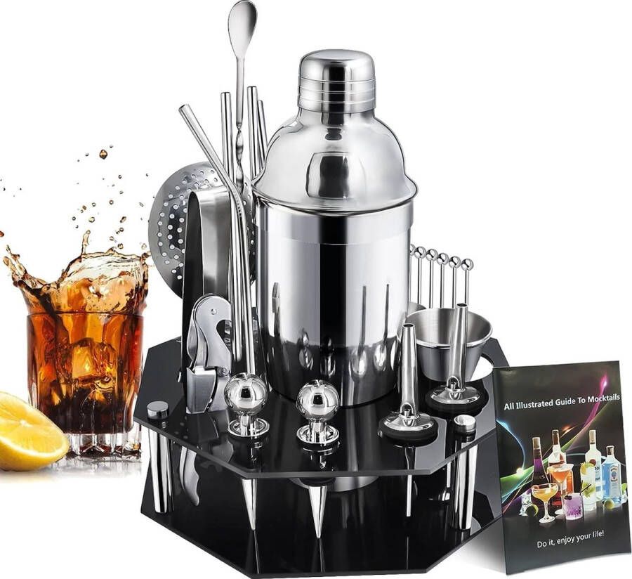 Merkloos Cocktail Set 24 stuks shaker set roestvrij staal bar accessoires incl. 360 acryl standaard 750ML cocktailmixer barkeeper gereedschap cocktailcadeau voor vrouwen mannen barman