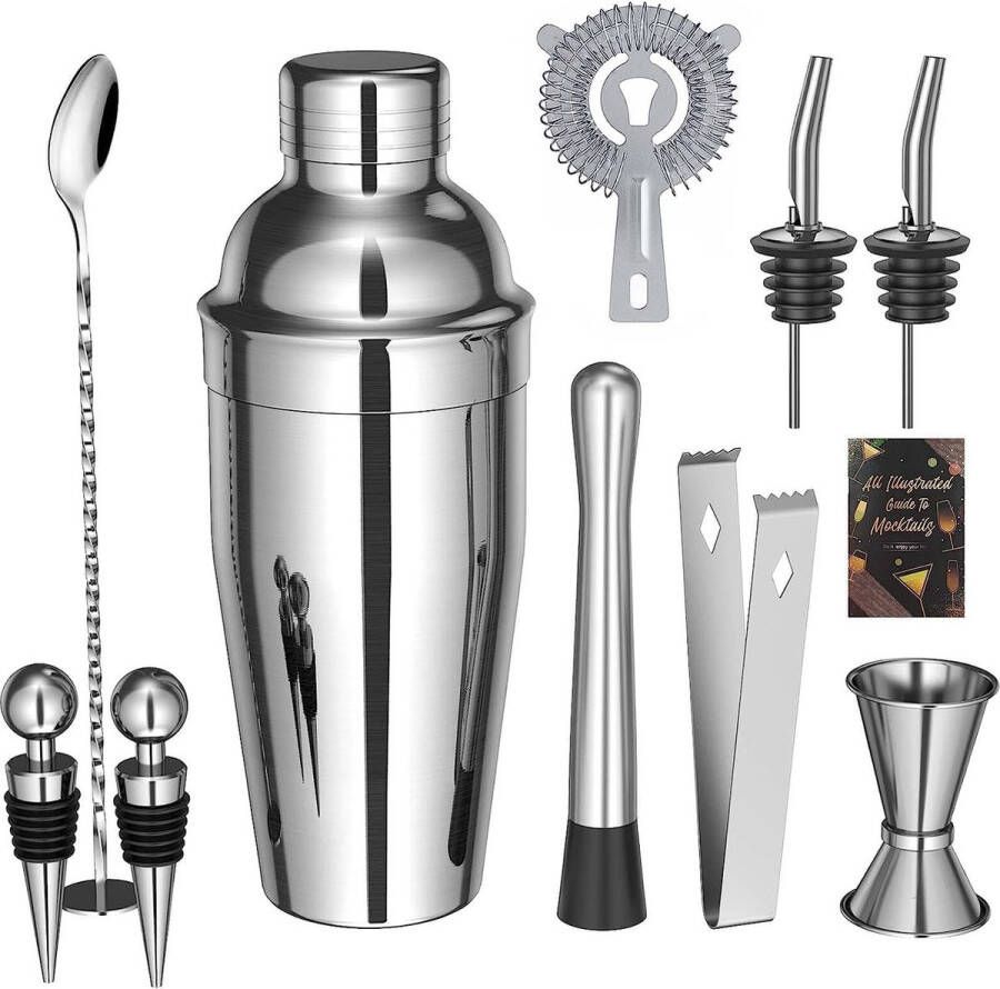 Merkloos Cocktail shakerset 10 stuks roestvrij staal cocktailmix set met receptenboek 750 ml cocktailshaker premium barkeeperset voor thuis bar